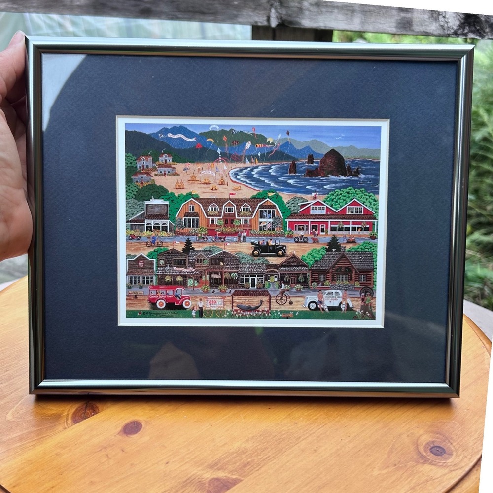 Cannon Beach Oregon Haystack Rock Folk Art Print Large Multi Dorla Rose Signed